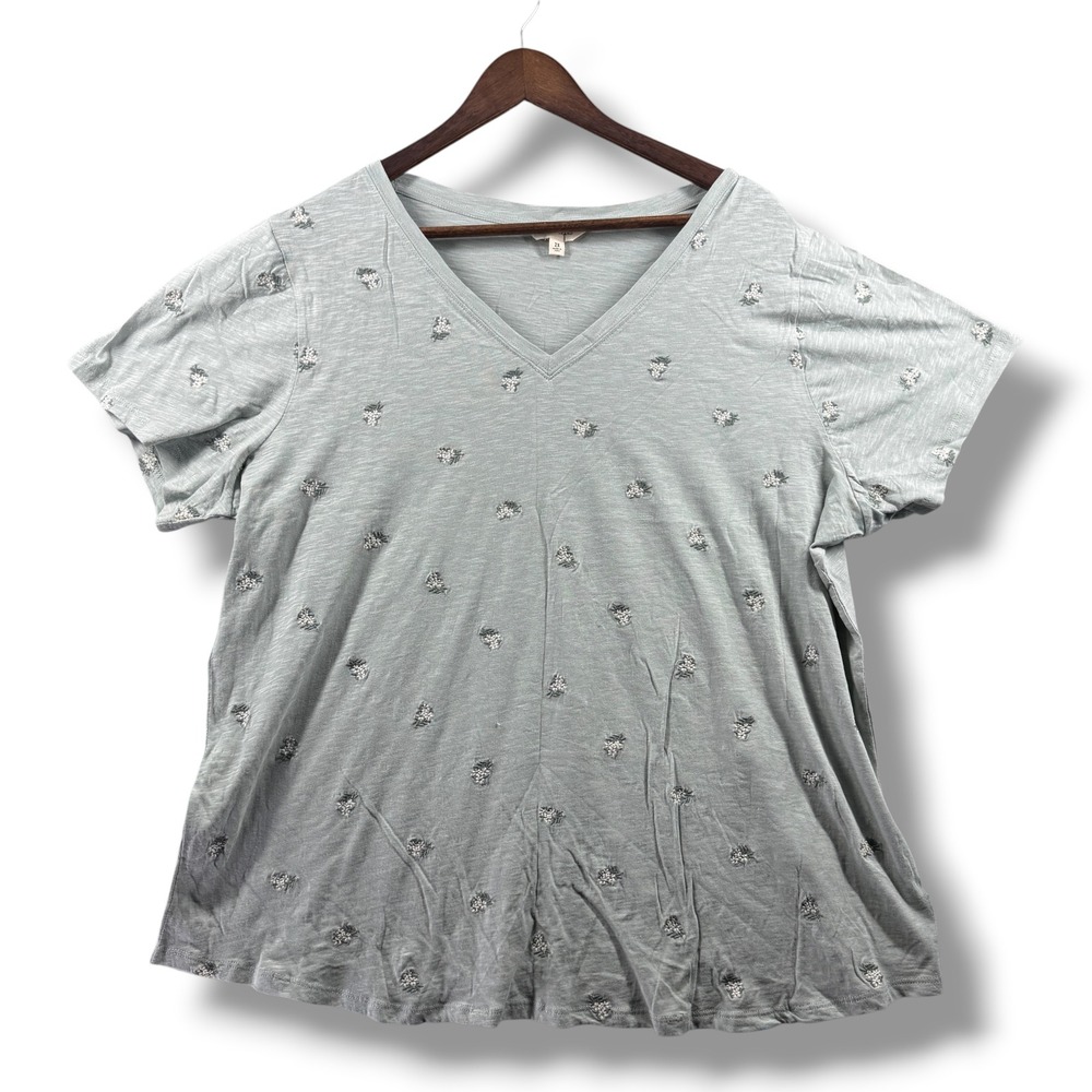 Lucky Brand Womens Sage Green Embroidered Floral V-Neck Slub Knit Tee 2X